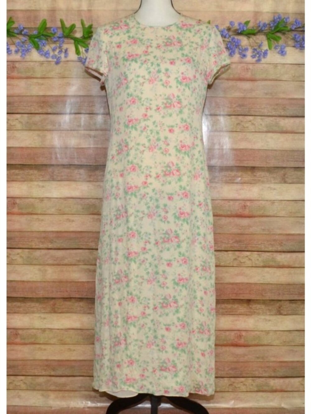 VTG Y2K Ralph Lauren Silk Floral Dress Cottage Core Midi Size 12 P Shabby Chic